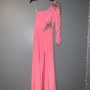 Pink Jovani asymmetrical One Sleeved Pageant/Prom dress with gemstones.